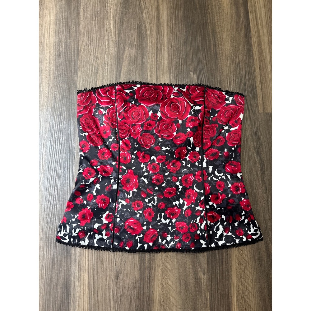 White House Black Market Corset Top Womens 6 Red Rose Floral Strapless Bustier